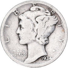 Stati Uniti, Dime, Mercury, 1934, U.S. Mint, Argento, MB+, KM:140