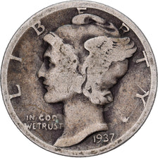 Estados Unidos da América, Dime, Mercury, 1937, U.S. Mint, Prata, VF(20-25)