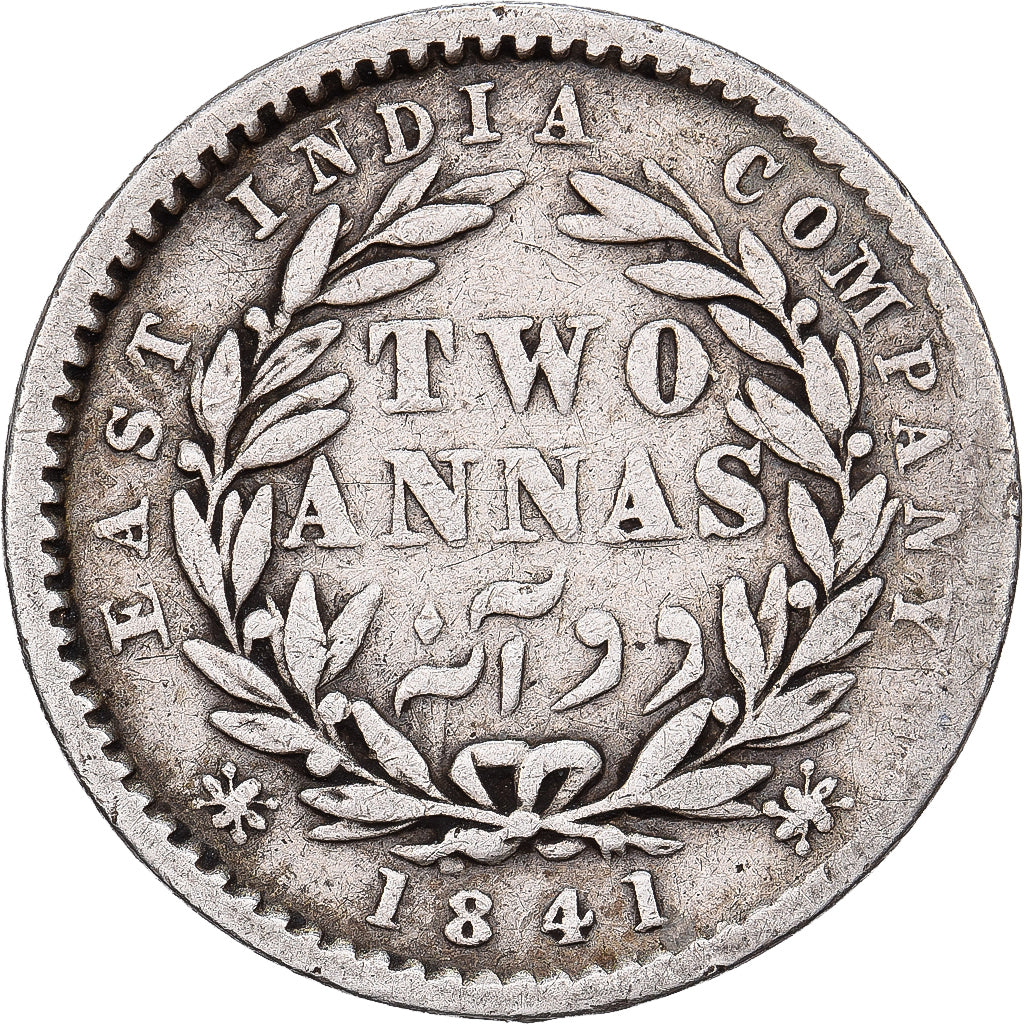 Índia-Britânica, Victoria, 2 Annas, 1841, Bombay, Prata, VG(8-10), KM:459.1