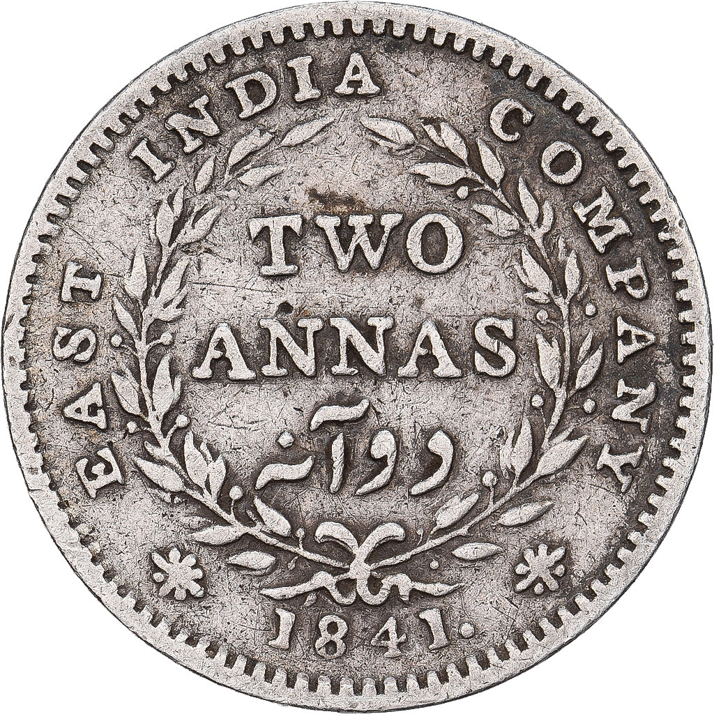 Índia-Britânica, Victoria, 2 Annas, 1841, Calcutta, Prata, VG(8-10), KM:459.2