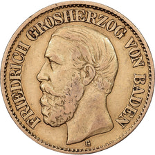 German States, BADEN, Friedrich I, 10 Mark, 1878, Stuttgart, Gold, VF(30-35)