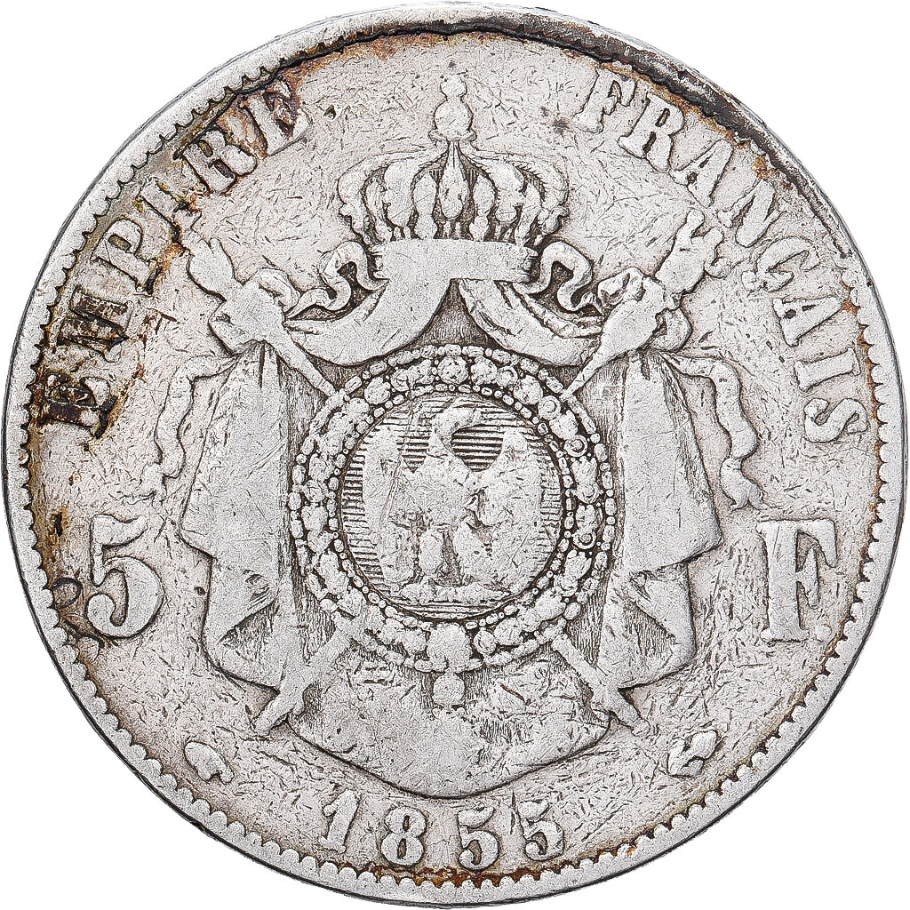 France, Napoleon III, 5 Francs, 1855, Paris, main ancre, Silver, VF(20-25)