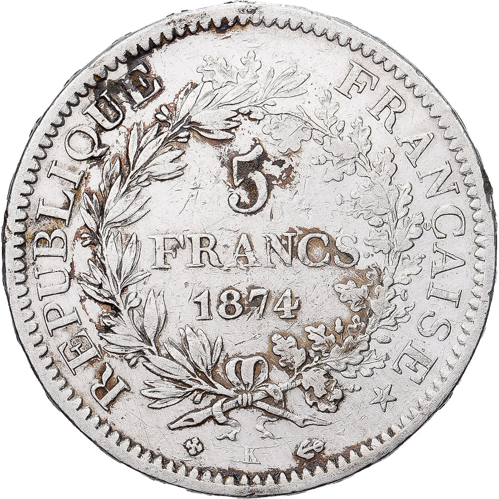 France, 5 Francs, Hercule, 1874, Bordeaux, Silver, EF(40-45), Gadoury:745a