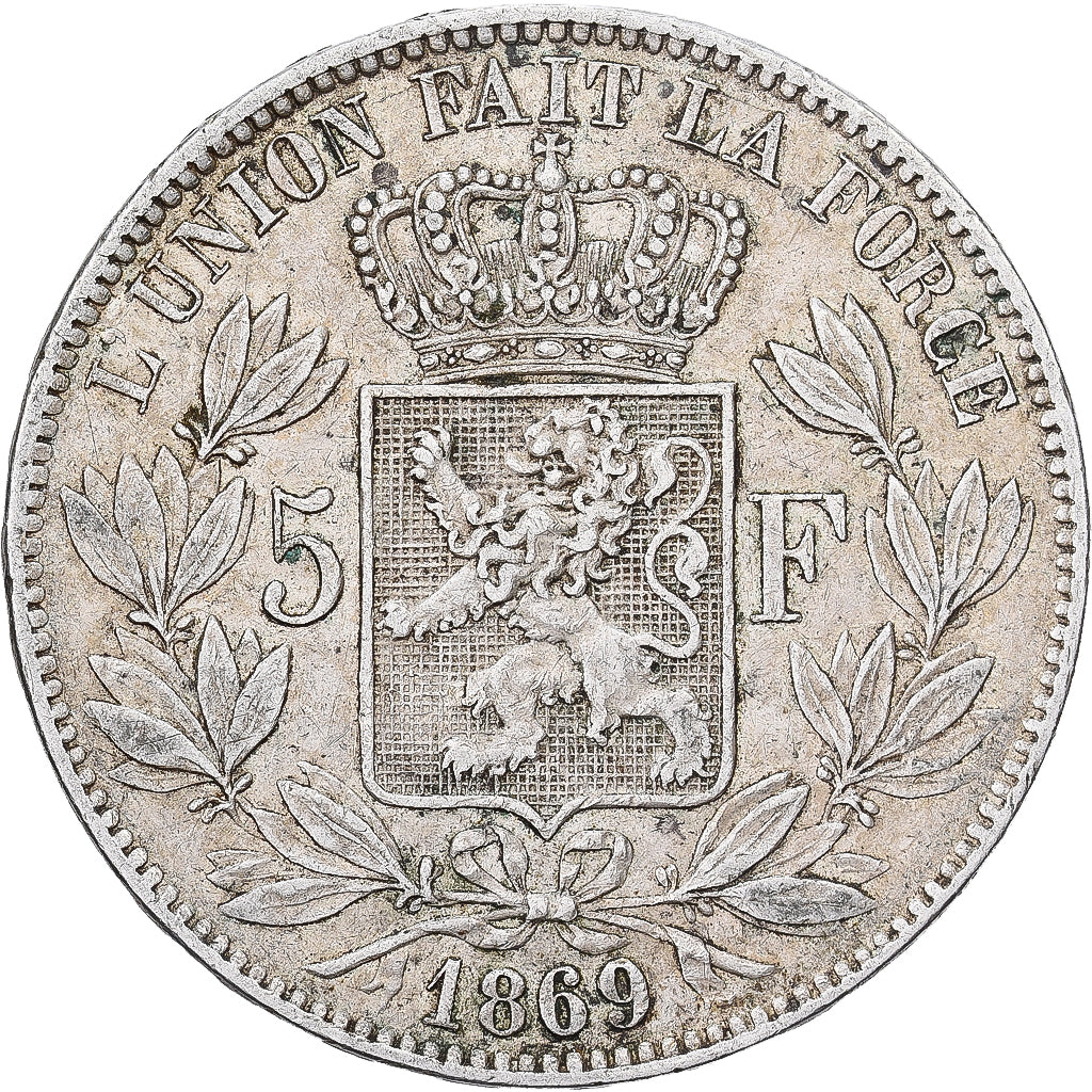 Bélgica, Leopold II, 5 Francs, 5 Frank, 1869, Brussels, Plata, MBC, KM:24