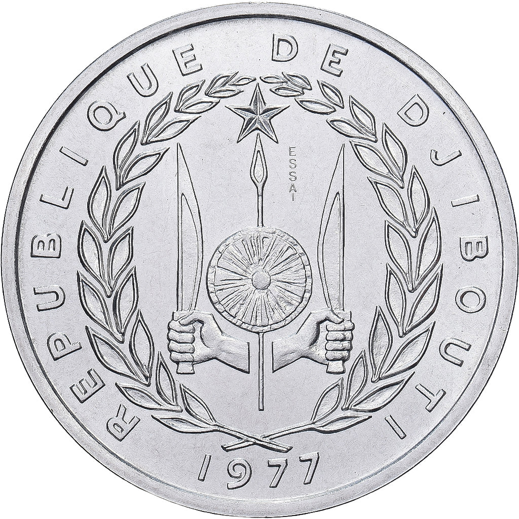 Dschibuti, 5 Francs, 1977, Paris, ESSAI, Aluminium, STGL, KM:E3