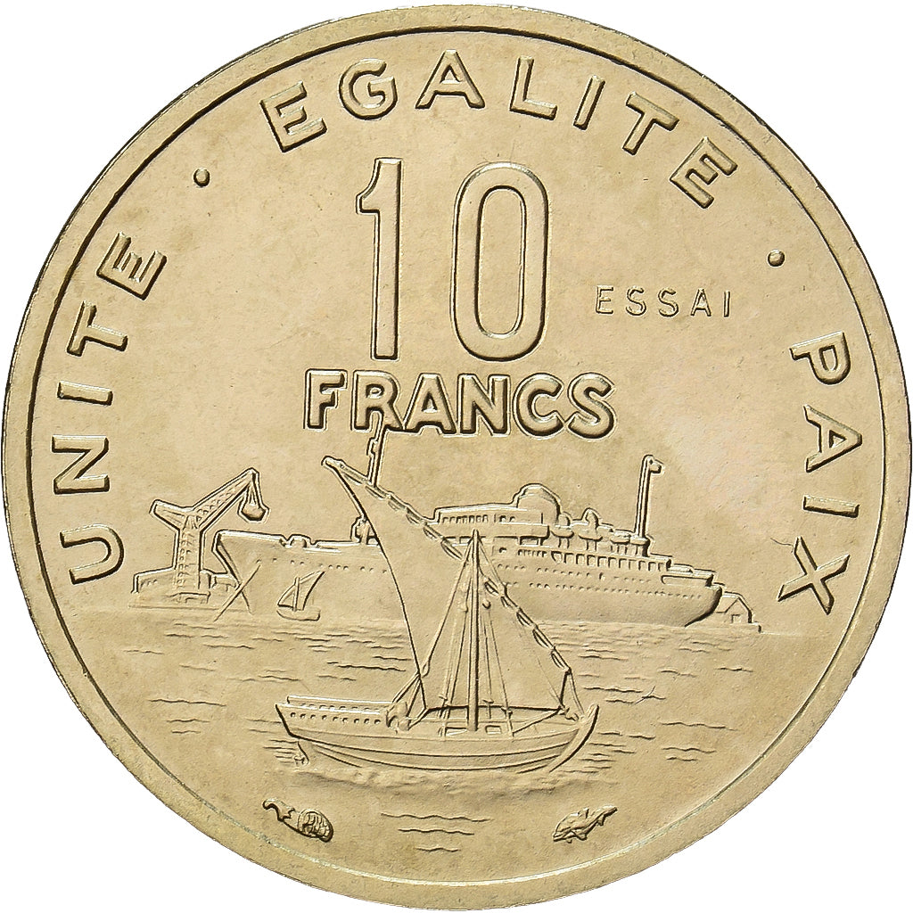 Dschibuti, 10 Francs, 1977, Paris, ESSAI, Aluminum-Bronze, STGL, KM:E4