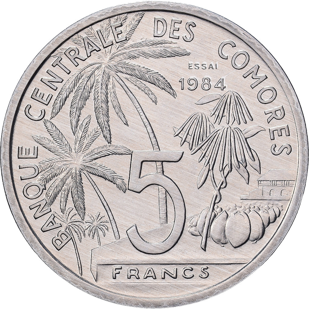 Comores, 5 Francs, 1984, Paris, ENSAIO, Alumínio, MS(65-70), KM:E9