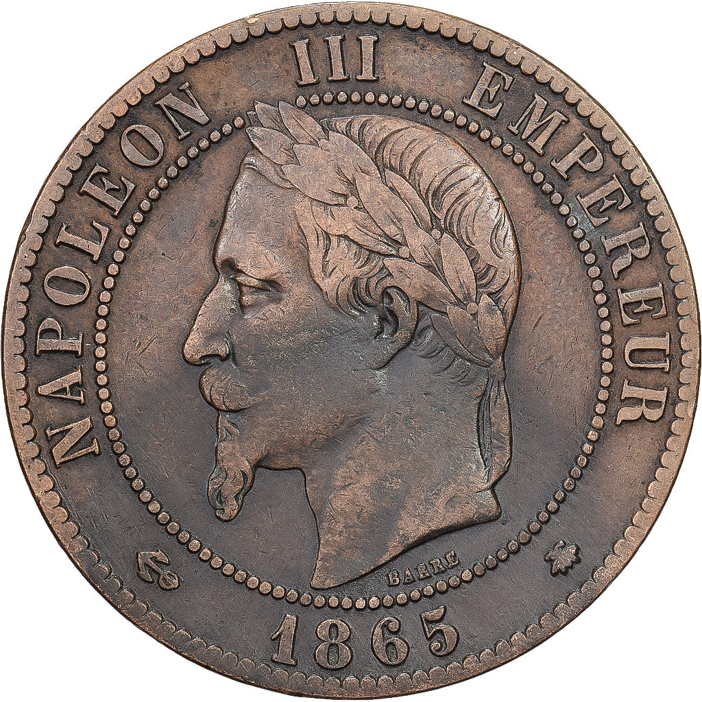 Francia, Napoleon III, 10 Centimes, 1865, Paris, Bronzo, MB+, Gadoury:253