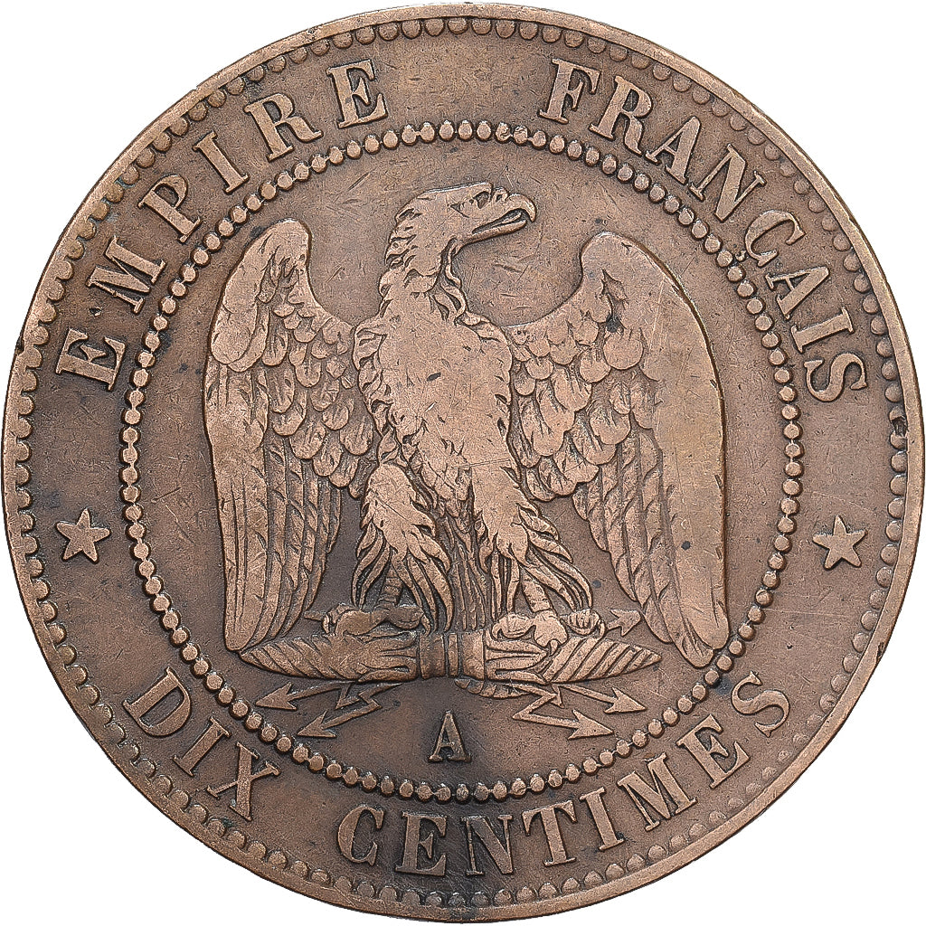 Francia, Napoleon III, 10 Centimes, 1865, Paris, Bronzo, MB+, Gadoury:253