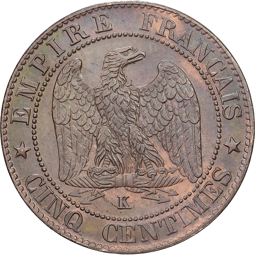 Francia, Napoleon III, 5 Centimes, 1864, Bordeaux, Bronzo, BB+, Gadoury:155
