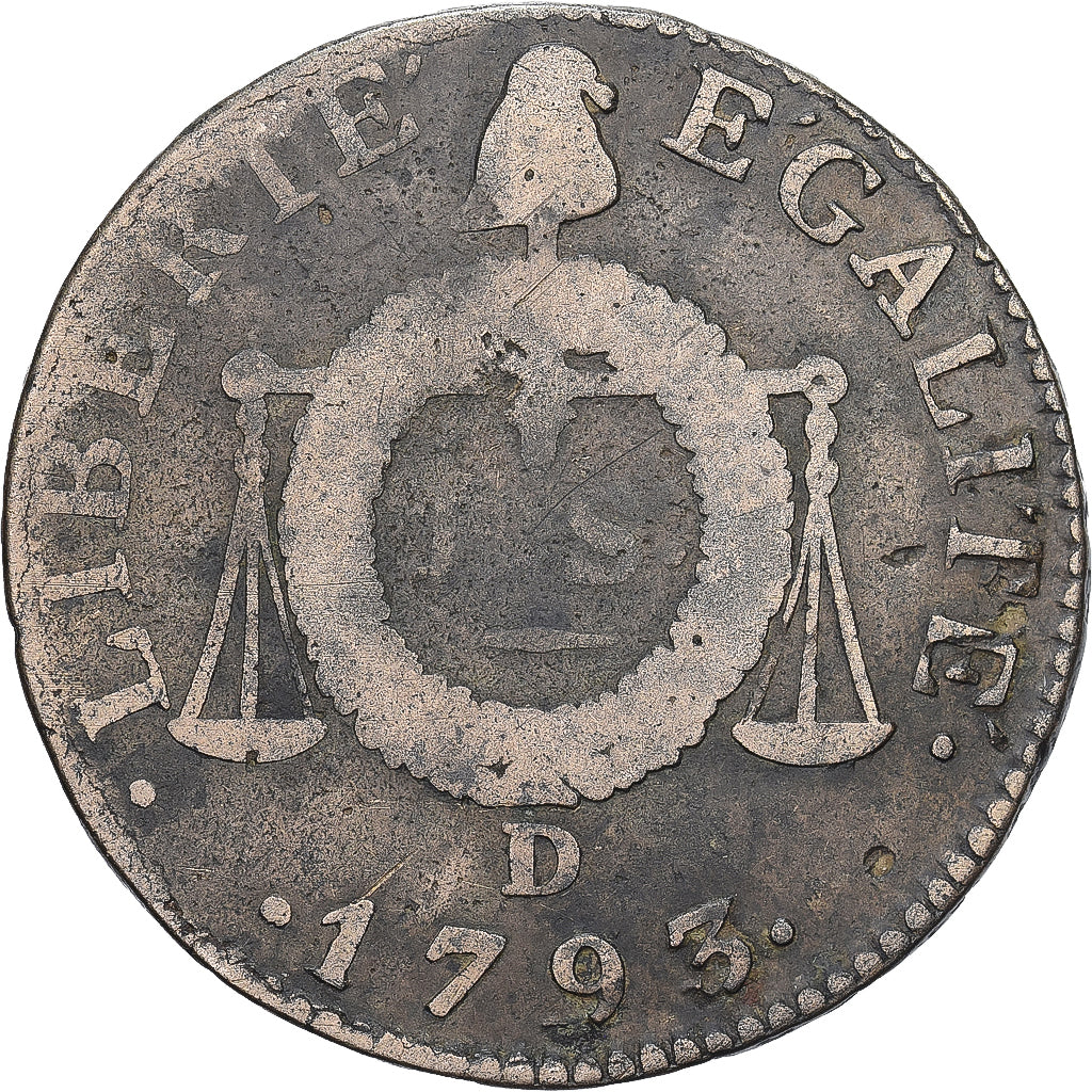 Francia, Sol, Sol aux balances françoise, 1793, Lyon, Bronce, BC, Gadoury:19