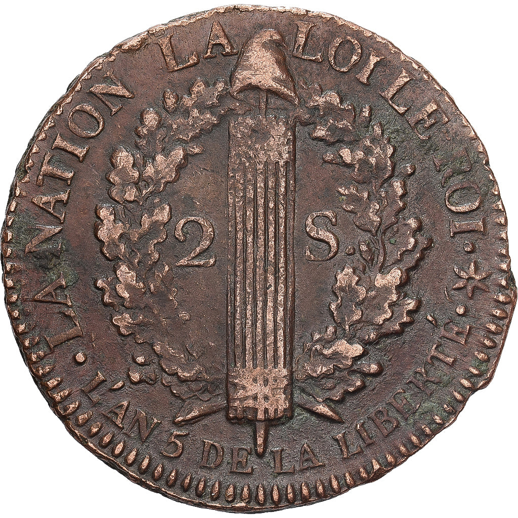 Frankreich, 2 Sols, 2 sols français, 1793 / AN 5, Strasbourg, Bronze, SS