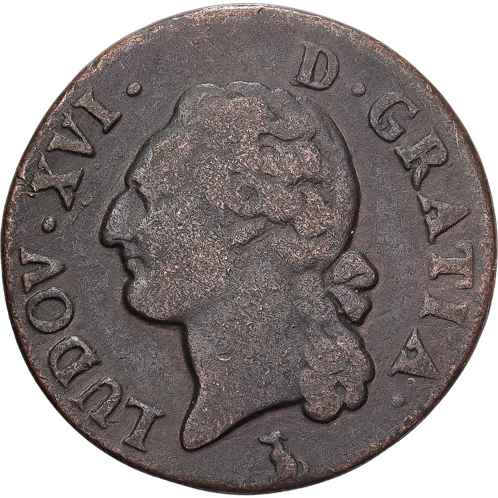 Francia, Louis XVI, 1/2 Sol, 1/2 Sol ou 1/2 sou, 1784, Nantes, Rare, Rame, MB+