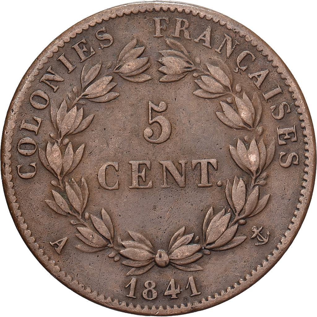 COLONIAS FRANCESAS, Louis Philippe I, 5 Centimes, 1841, Paris, Bronce, MBC