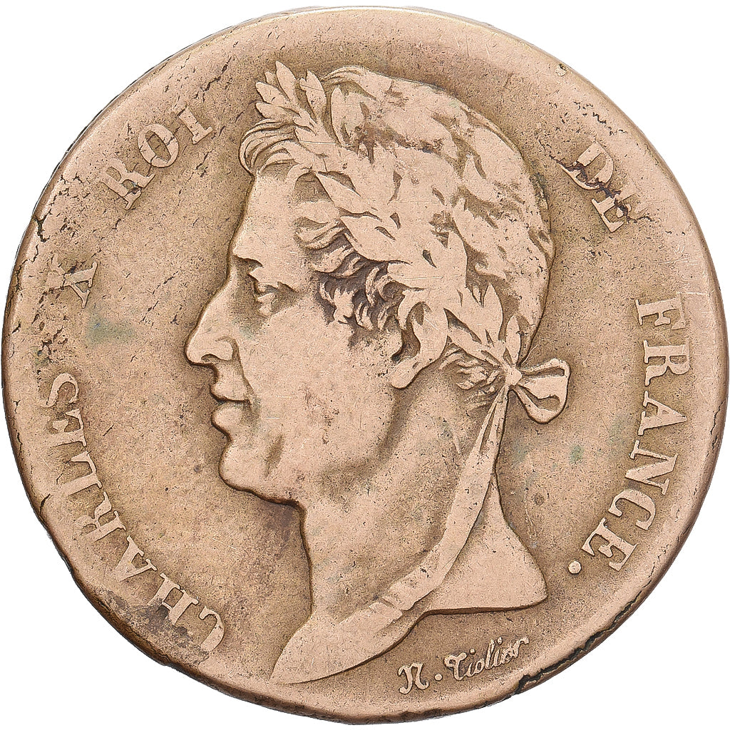 COLÓNIAS FRANCESAS, Charles X, 5 Centimes, 1827, La Rochelle, Bronze, VG(8-10)