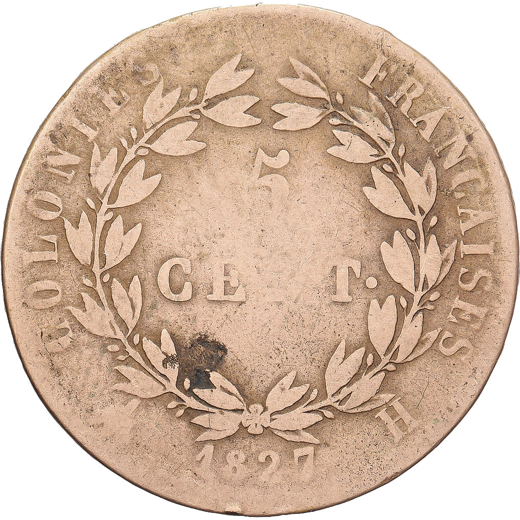 COLÓNIAS FRANCESAS, Charles X, 5 Centimes, 1827, La Rochelle, Bronze, VG(8-10)