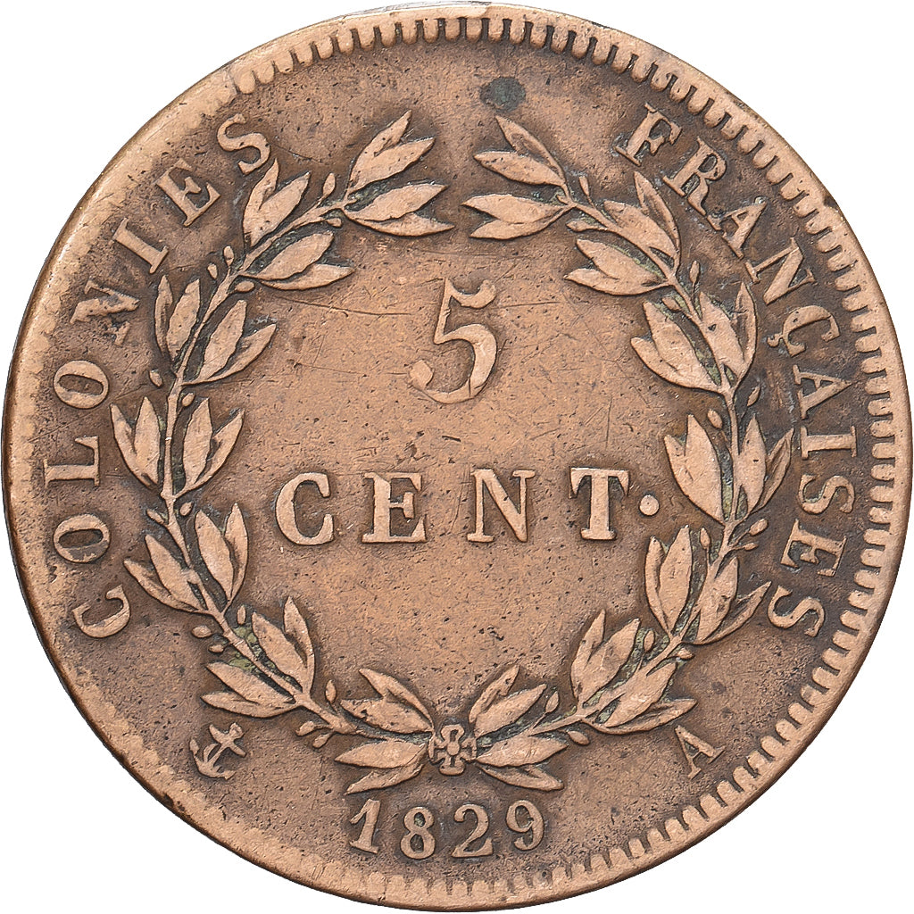 COLÓNIAS FRANCESAS, Charles X, 5 Centimes, 1829, Paris, Bronze, EF(40-45)