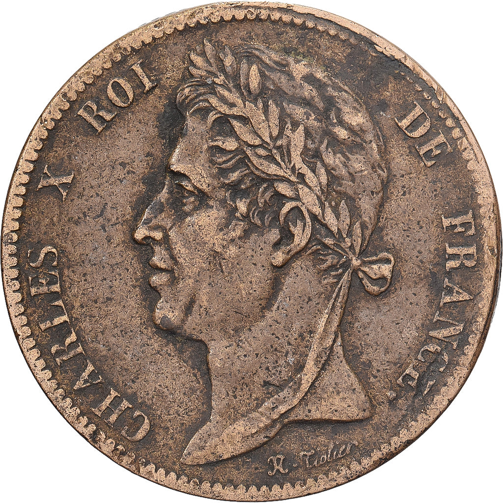COLÓNIAS FRANCESAS, Charles X, 5 Centimes, 1825, Paris, Bronze, VF(30-35)