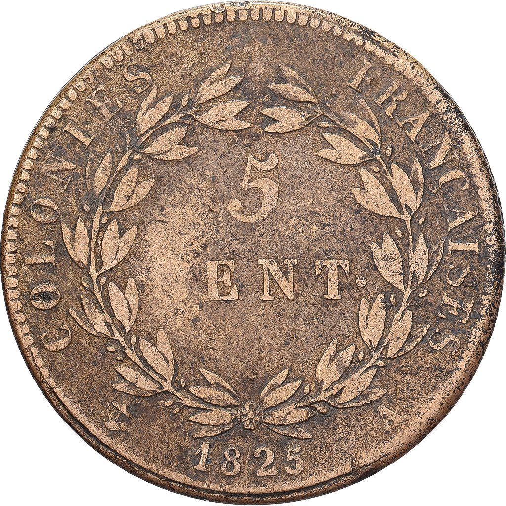 COLÓNIAS FRANCESAS, Charles X, 5 Centimes, 1825, Paris, Bronze, VF(30-35)