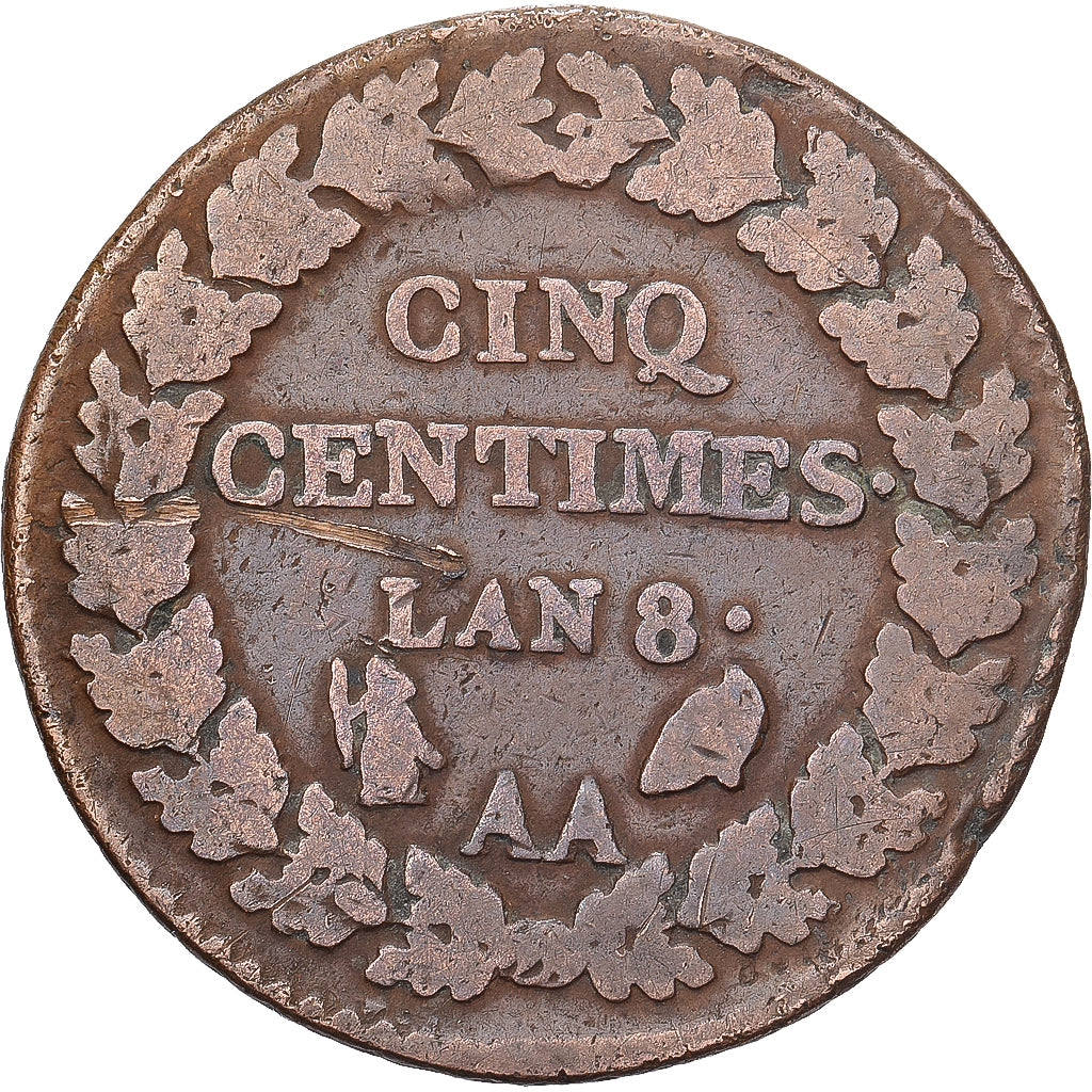 Francia, 5 Centimes, Dupré, AN 8 (1799-1800), Metz, Bronzo, MB+, Gadoury:126a