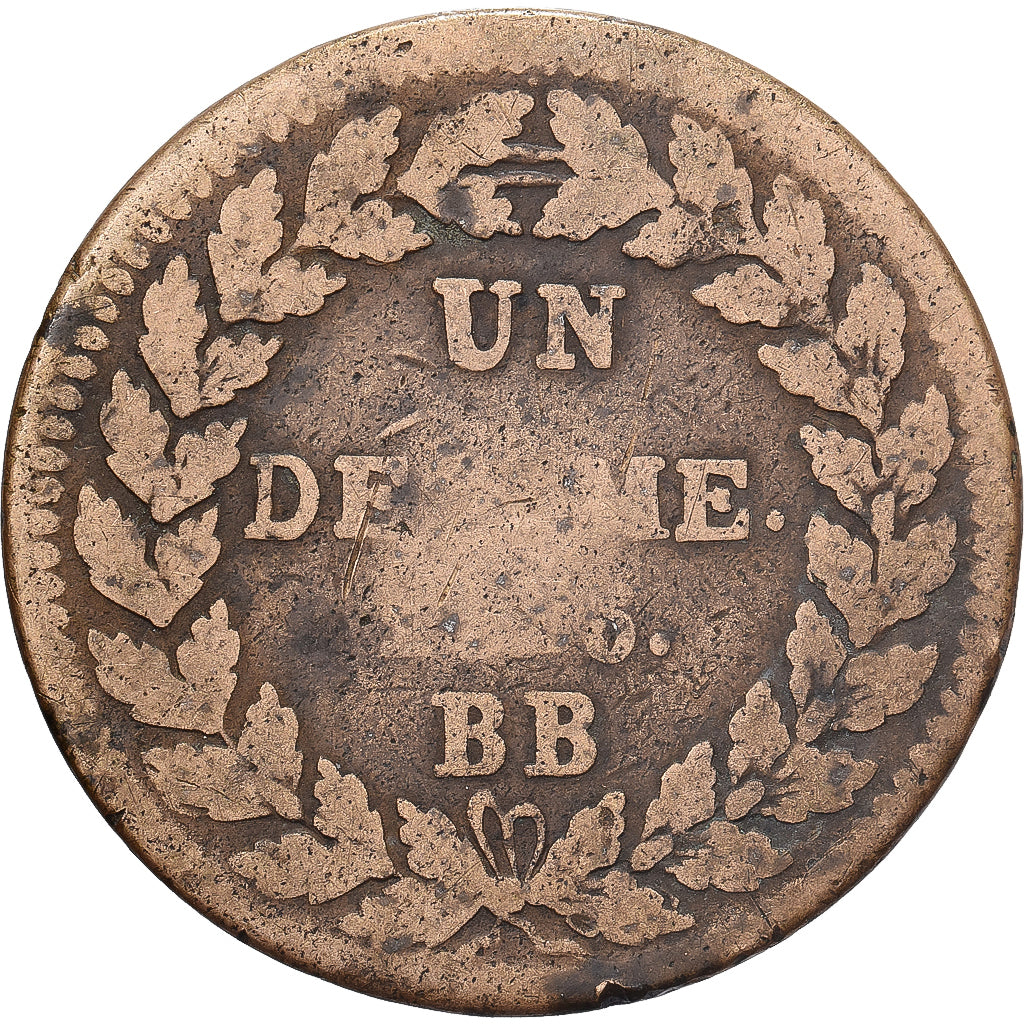 Francia, Louis XVIII, Decime, 1815., Strasbourg, Bronzo, MB, Gadoury:196d