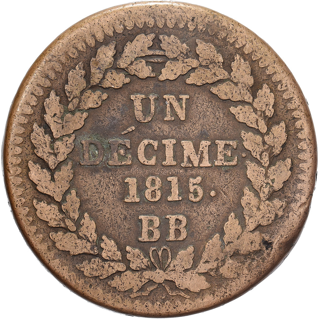 France, Louis XVIII, Decime, 1815., Strasbourg, Bronze, TB+, Gadoury:196d