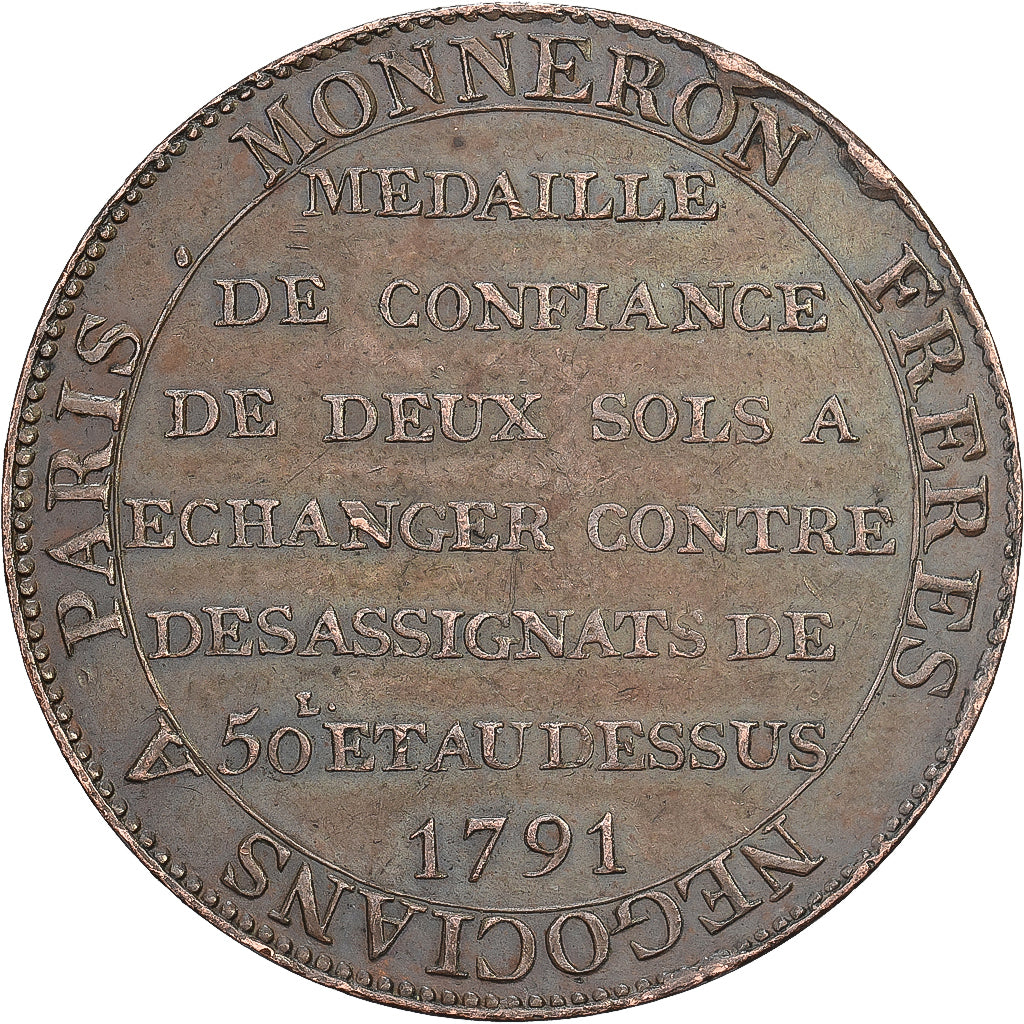 França, 2 Sols, 1791, Birmingham, Monneron, Bronze, EF(40-45), Brandon:217a