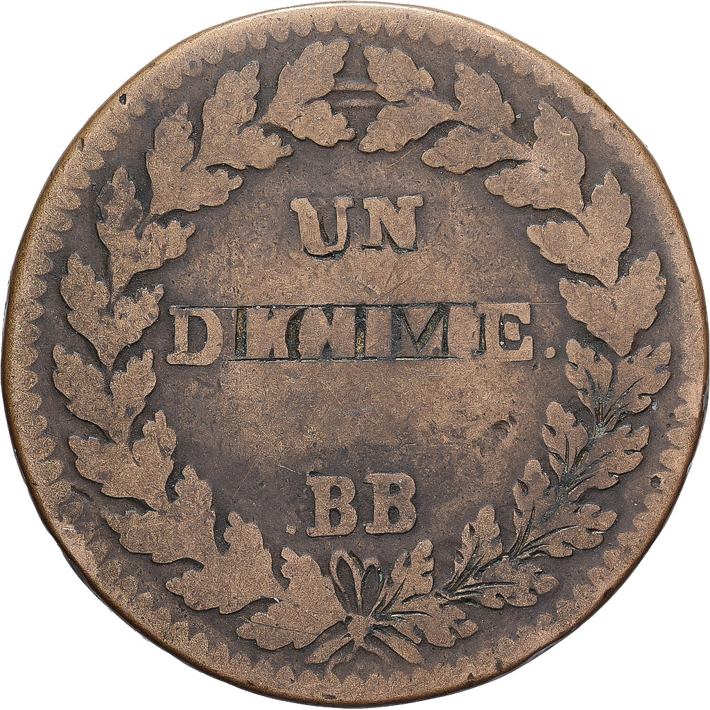 France, Louis XVIII, Decime, Strasbourg, Bronze, F(12-15), Gadoury:196b, KM:701