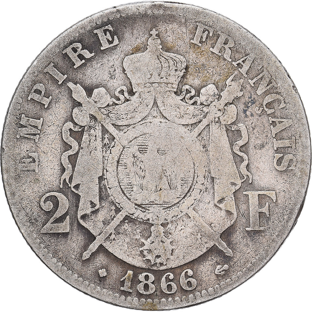 Francia, Napoleon III, 2 Francs, 1866, Strasbourg, Plata, BC+, Gadoury:527