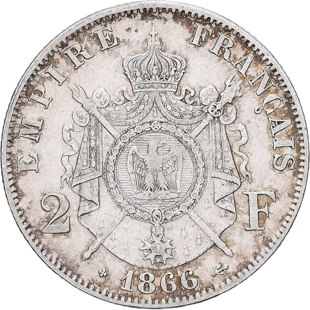 Francia, Napoleon III, 2 Francs, 1866, Strasbourg, Argento, BB, Gadoury:527