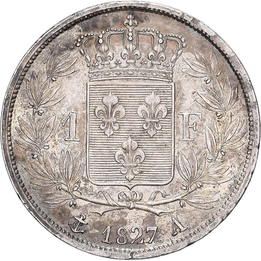 Francja, Charles X, Franc, 1827, Paris, Srebro, EF(40-45), Gadoury:450, KM:724.1