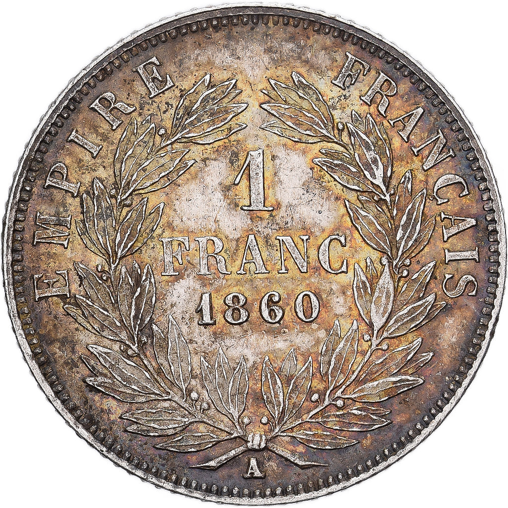 France, Napoleon III, Franc, 1860, Paris, Main, Silver, AU(50-53), Gadoury:460
