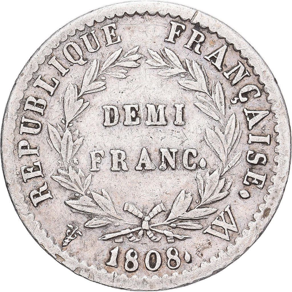 Francia, Napoleon I, 1/2 Franc, 1808, Lille, Plata, MBC, Gadoury:398, KM:680.14