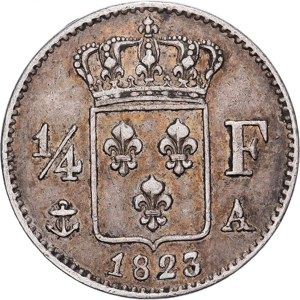 Francia, Louis XVIII, 1/4 Franc, 1823, Paris, Plata, MBC+, Gadoury:352, KM:714.1
