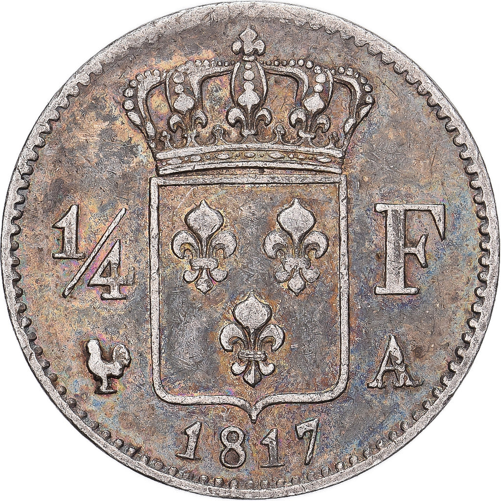 Francia, Louis XVIII, 1/4 Franc, 1817, Paris, Plata, MBC+, KM:714.1