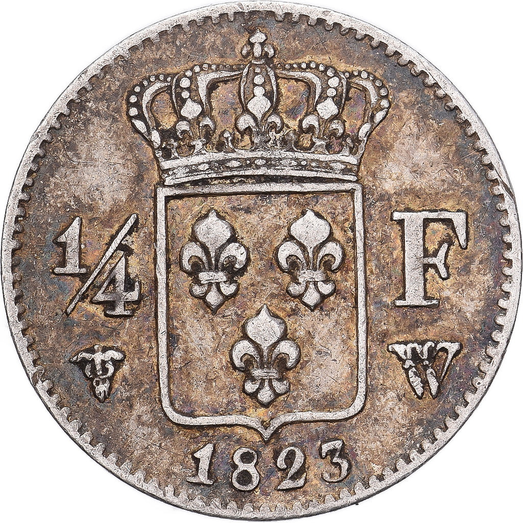 Francia, Louis XVIII, 1/4 Franc, 1823, Lille, Argento, BB, Gadoury:352
