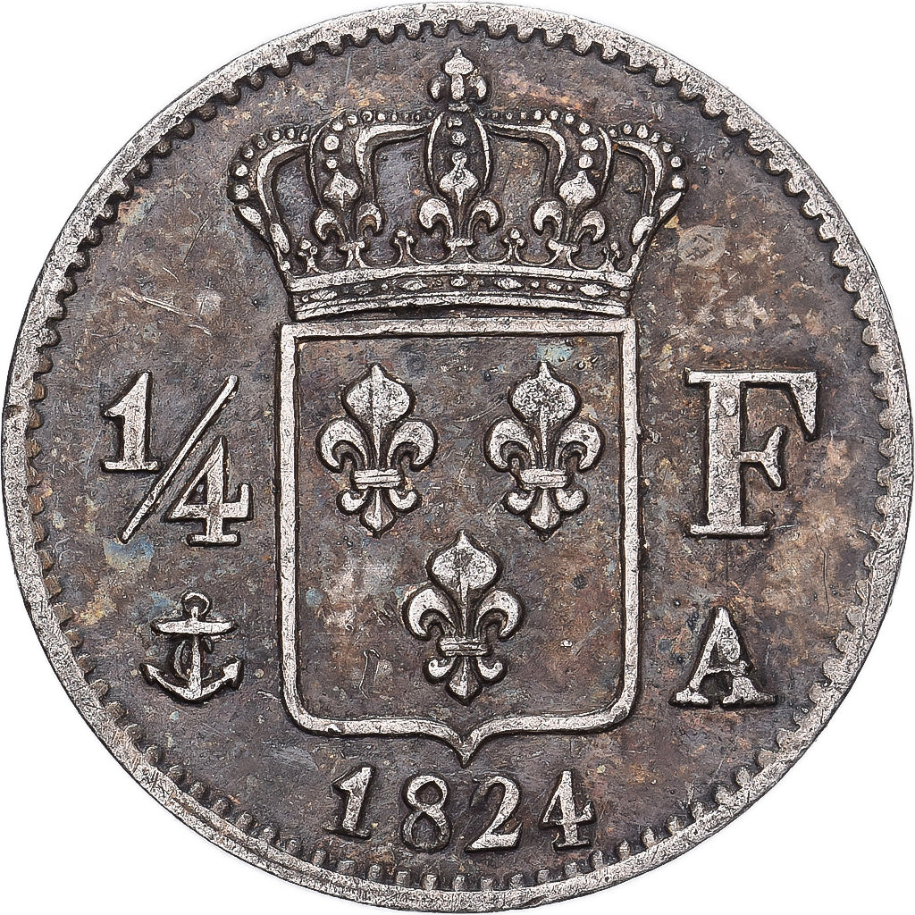 Frankrijk, Louis XVIII, 1/4 Franc, 1824, Paris, Zilver, ZF+, Gadoury:352