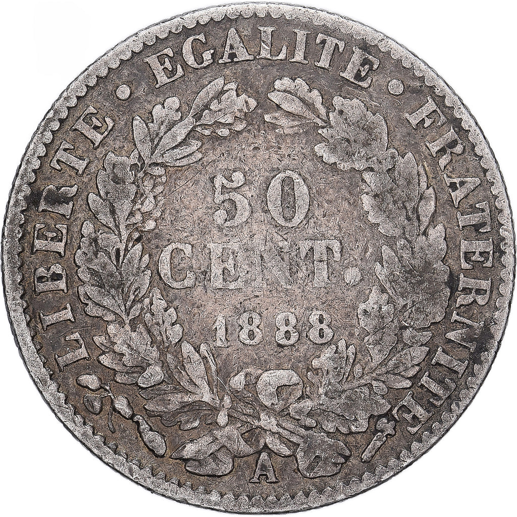 Francja, 50 Centimes, Cérès, 1888, Paris, Srebro, VF(20-25), Gadoury:419a