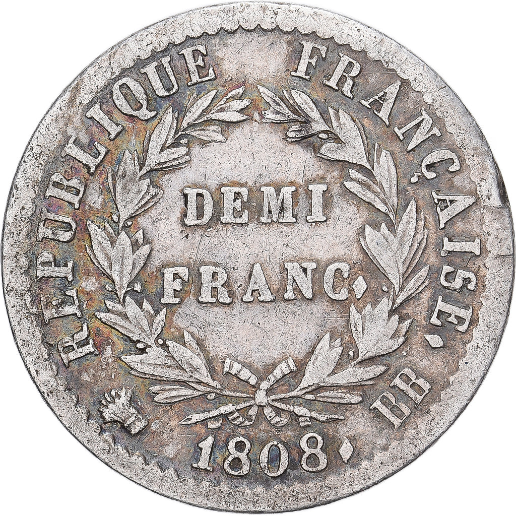 Francja, Napoleon I, 1/2 Franc, 1808, Strasbourg, Srebro, EF(40-45)
