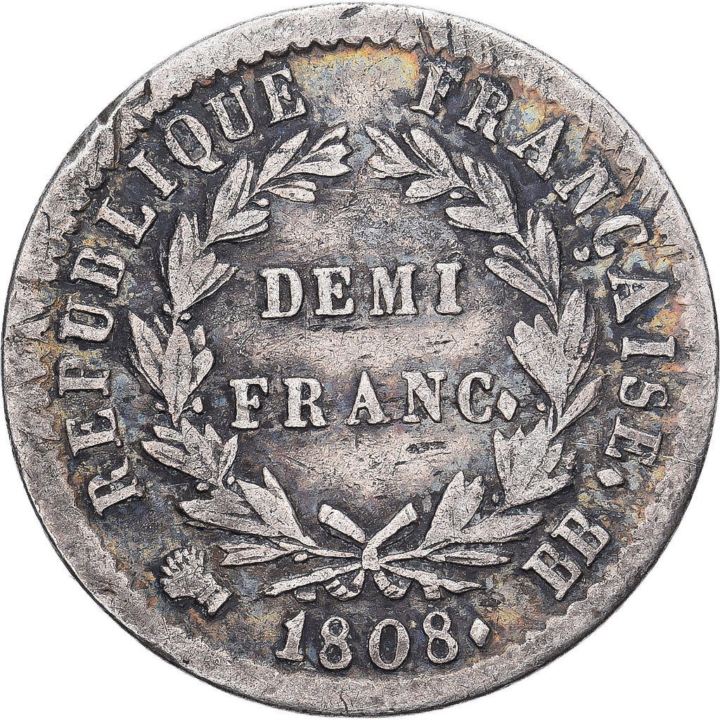 Francja, Napoleon I, 1/2 Franc, 1808, Strasbourg, Srebro, EF(40-45)