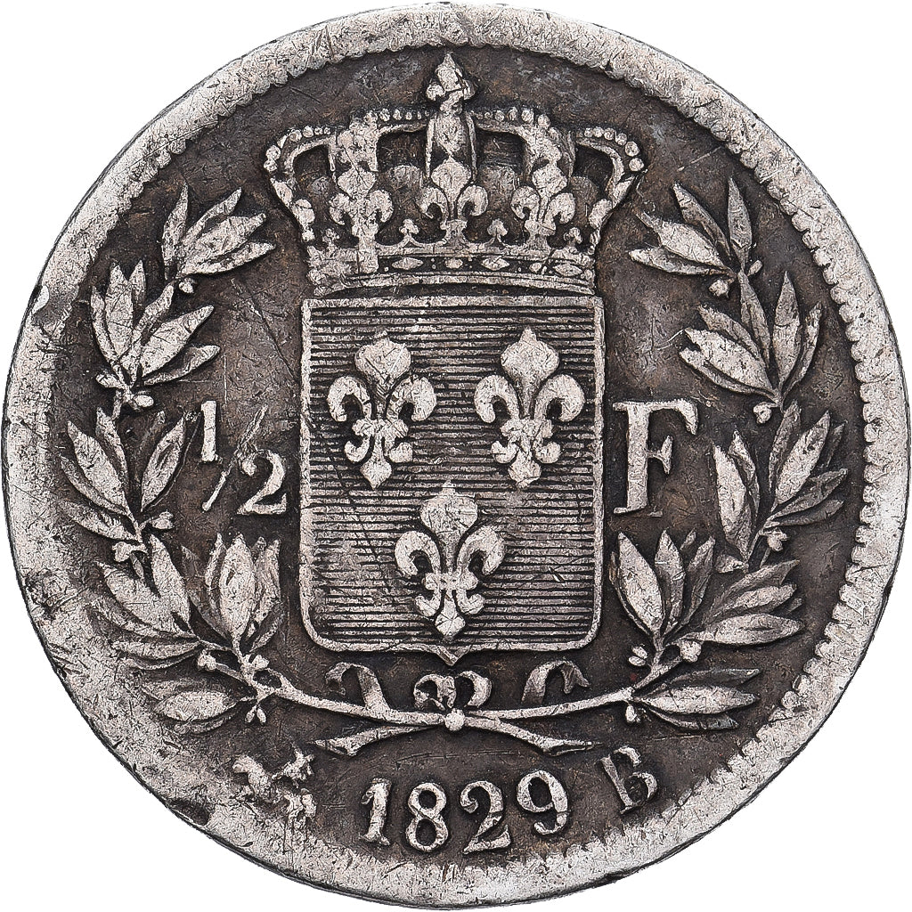 Frankreich, Charles X, 1/2 Franc, 1829, Rouen, Silber, S+, Gadoury:402, KM:723.2