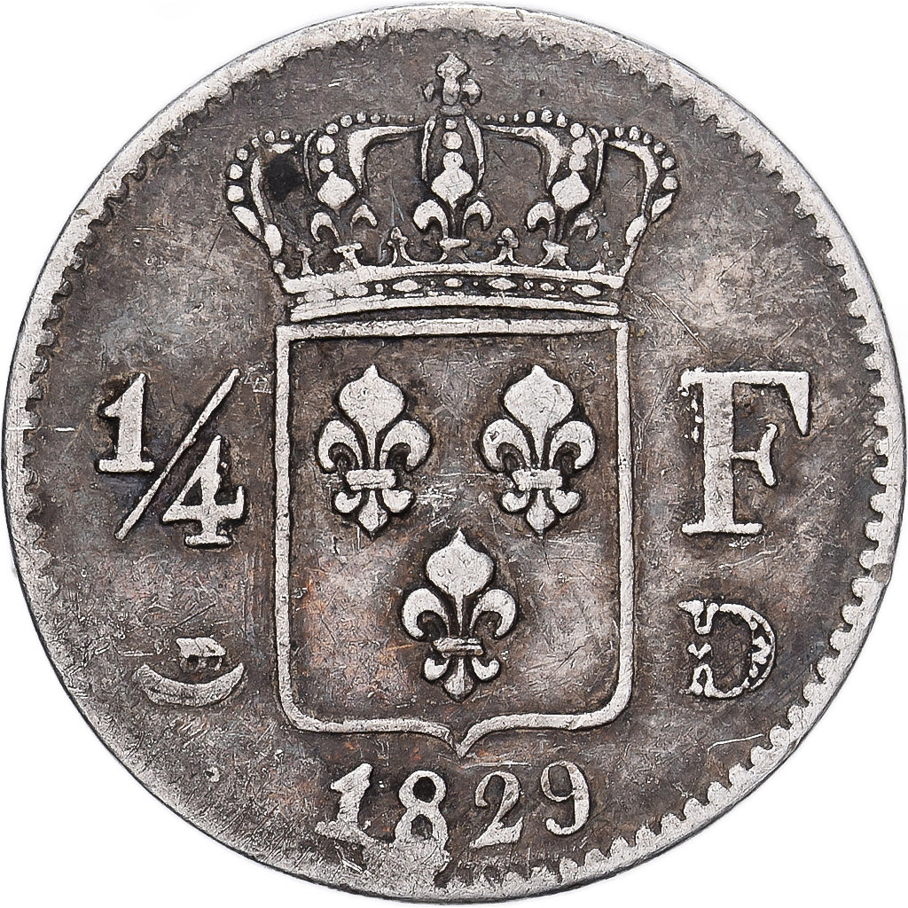 Francia, Charles X, 1/4 Franc, 1829, Lyon, Plata, BC+, Gadoury:353, KM:722.4