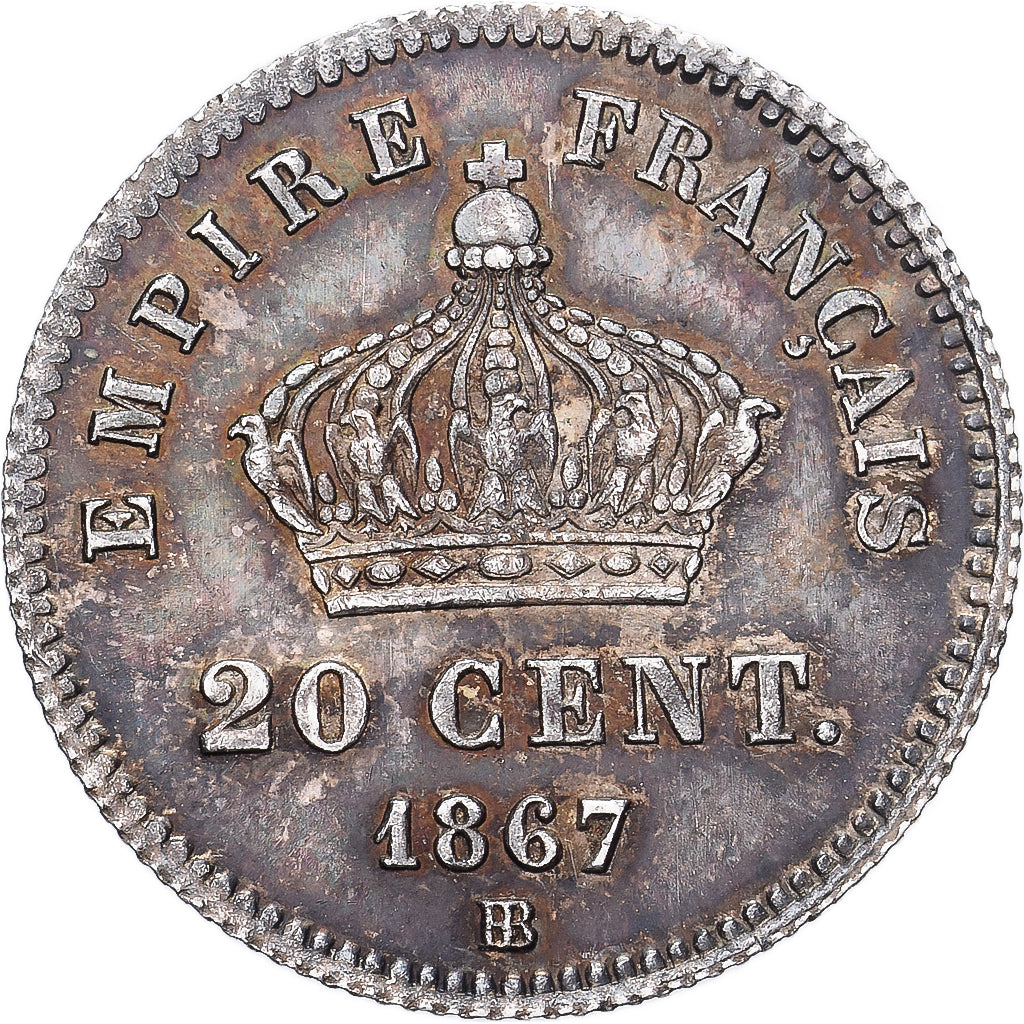 France, Napoleon III, 20 Centimes, 1867, Strasbourg, Silver, AU(50-53)