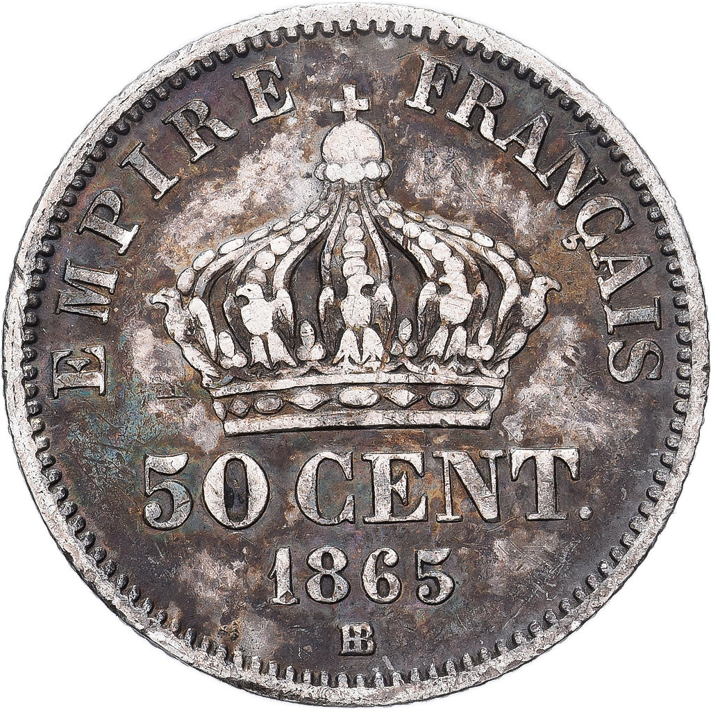 Francja, Napoleon III, 50 Centimes, 1865, Strasbourg, Srebro, VF(30-35)
