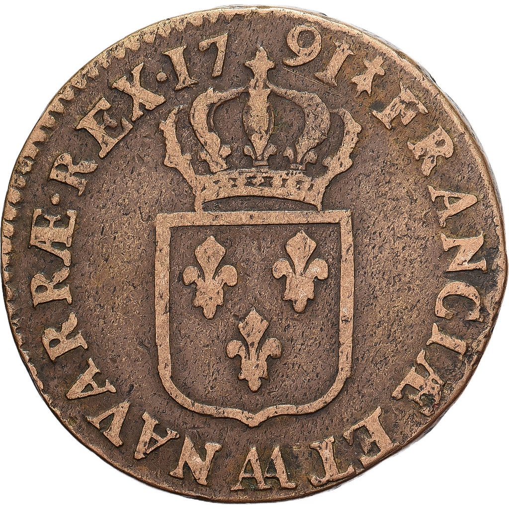 France, Louis XVI, Sol, 1791, Metz, 2éme sem, Copper, VF(30-35), Gadoury:350