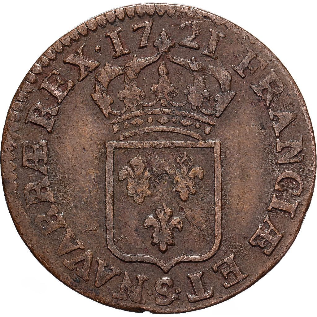 Francia, Louis XV, 1/2 Sol, buste enfantin, 1721, Reims, Cobre, BC+