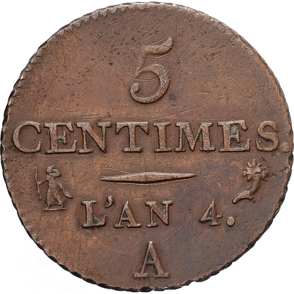 France, 5 Centimes, Dupré, 1792 / AN 4, Paris, Bronze, EF(40-45), Gadoury:124