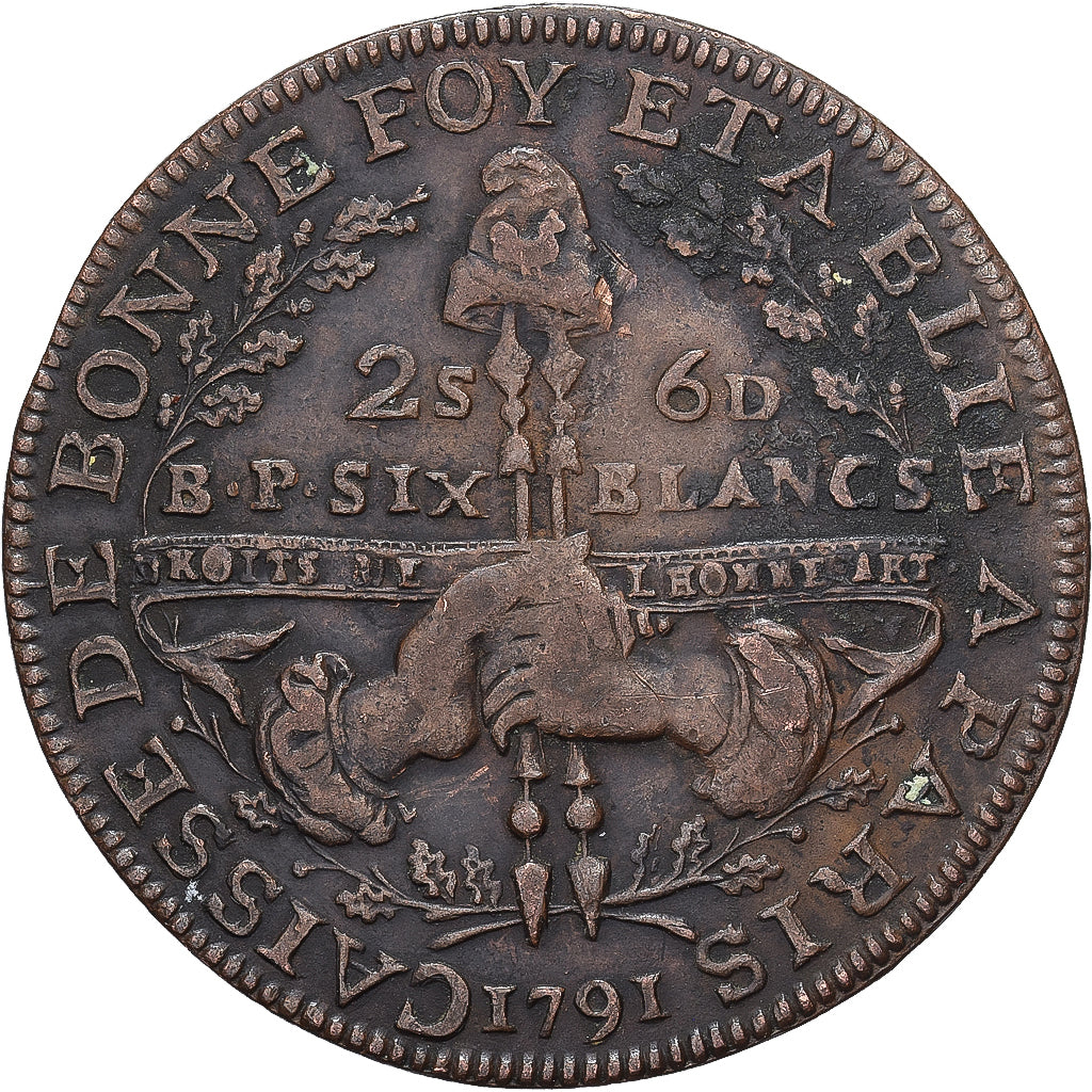 Francja, 2 Sols 6 Deniers, Caisse de Bonne Foy, 1791, Paris, Miedź, EF(40-45)