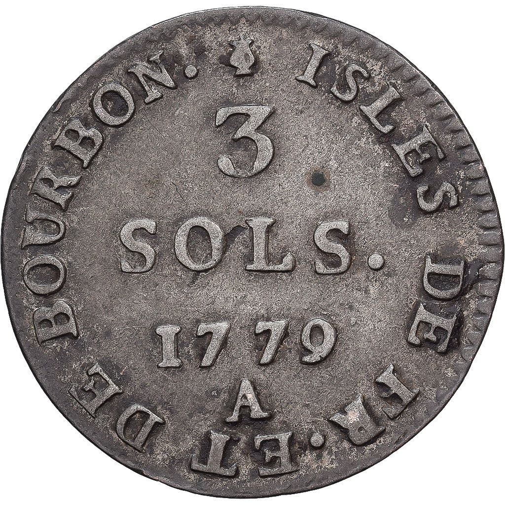Isle de Bourbon, Louis XVI, 3 Sols, 1779, Paris, Lingote, AU(50-53), Lecompte:6