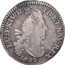 Francia, Louis XIV, 4 Sols 2 Deniers, 4 Sols aux 2 L, 1692, Dijon, Plata, BC+